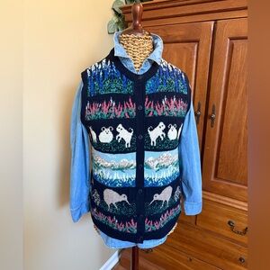 Scan Alp vintage sweater vest button up with Kiwi’s and lambs. Navy blue